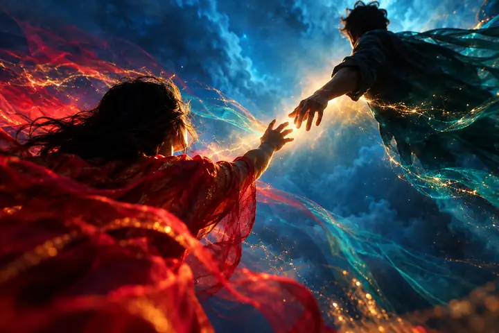 Hands reaching into a colorful imagined scene